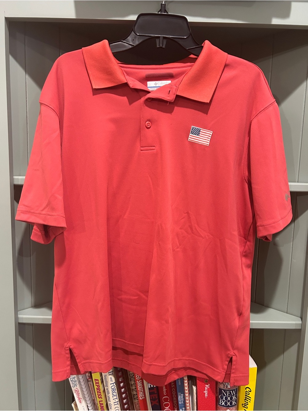 Men's Coral Red Polo Shirt with Flag Patch